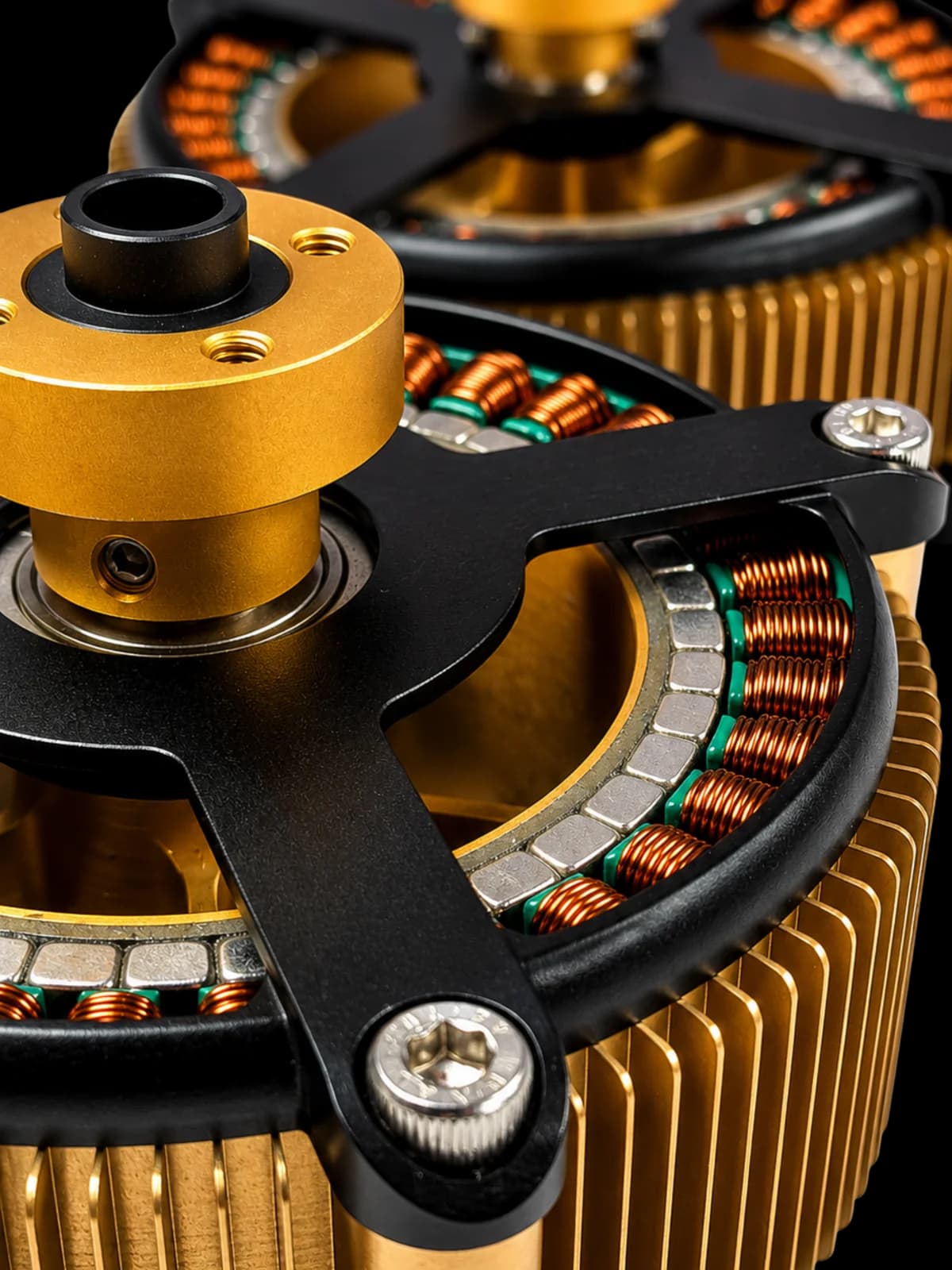 Macro view of an SRM air-cooled BLDC motor showing stator windings and cooling fins